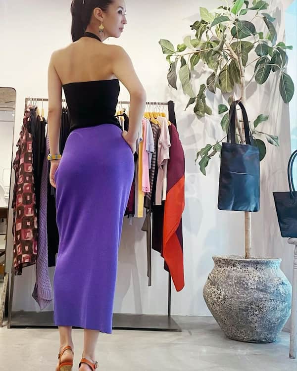 Backless Black Top + Long Purple Skirt