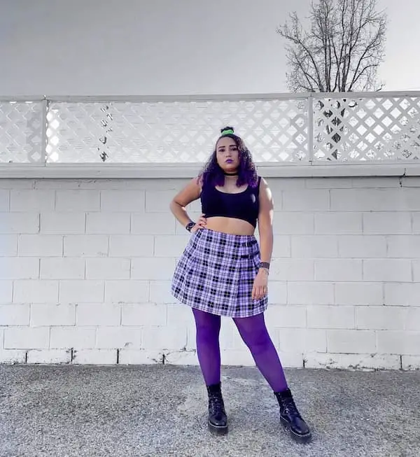 Crop Black Top+ Short Stripped Purple Skirt  + Ankle Purple Socks + Boots