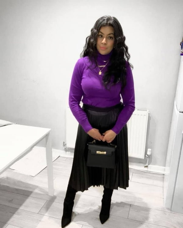 Light Sweater Purple Top + Prinitng Skirt + Ankle Black Socks + Black Cover Heels