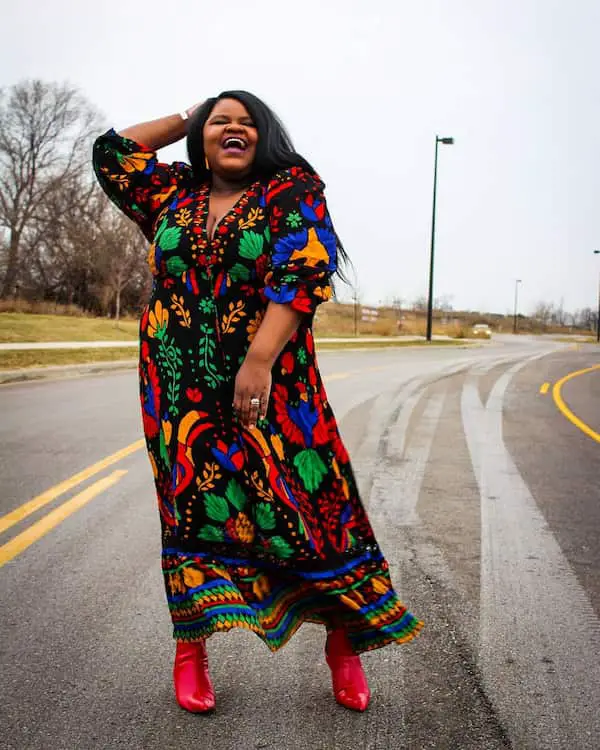 Multi-Colored Long Dress + Red Boot Heels