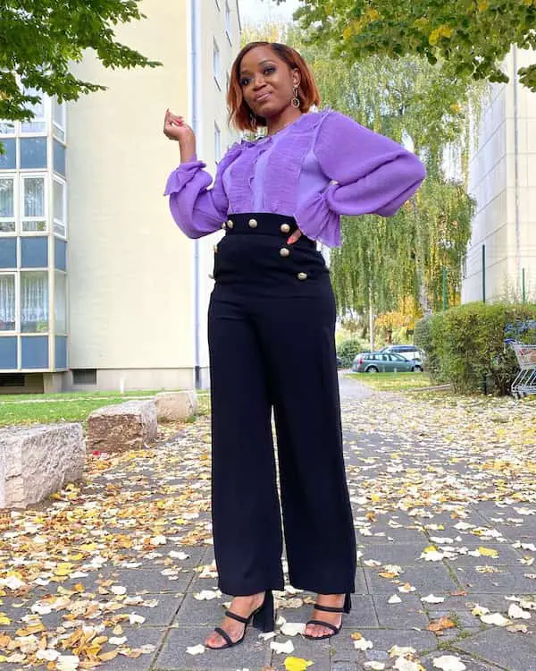 Purple Top + Plain Black Pant + Pair of Black Heels