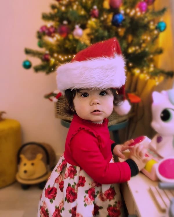 Red Flowery Gown + Santa Cap