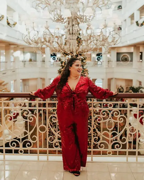 Red Silk Jumpsuit + Black Slippers