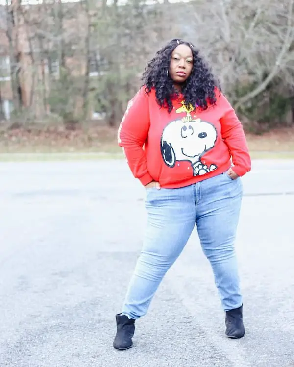 Red Snoopy Sweatshirts + Blue Jeans + Black Boots