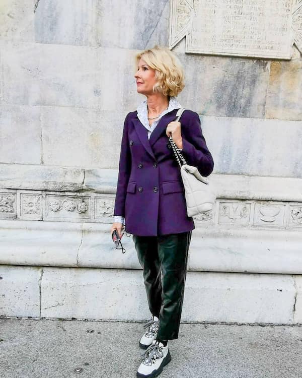 Upper Purple and Black Leather Pant Suit