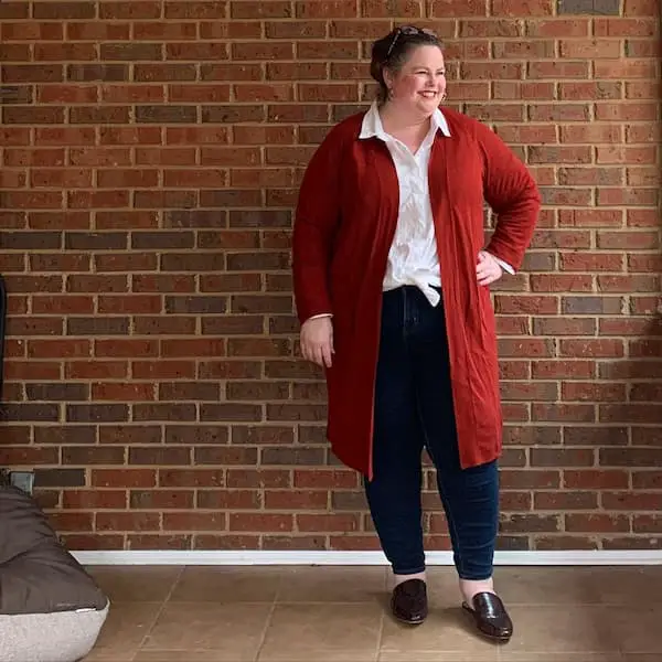 White Collar Shirt + Blue Jeans + Red Cotton Jacket + Brown Shoe