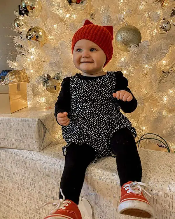 White Dotted Black Top + Black Pants + Red Shoes + Red Cap