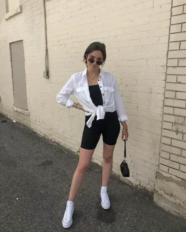 Baggy Cotton Long Sleeve + Biker Shorts + White Sneakers