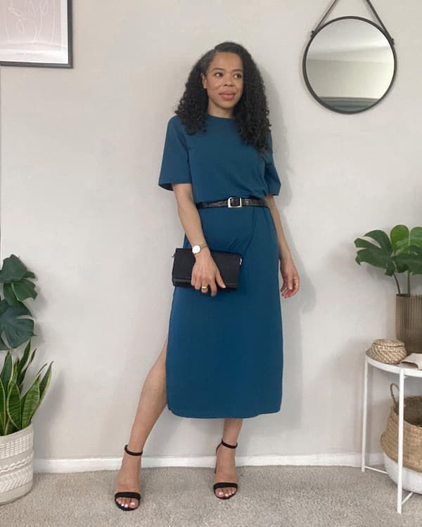 Belted Navy Blue T-shirt Gown + Purse + Heels