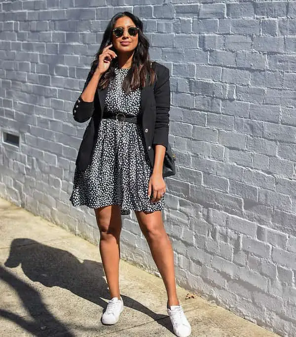 Belted Short Gown Dress + Blazer + Sneakers + Sunglass