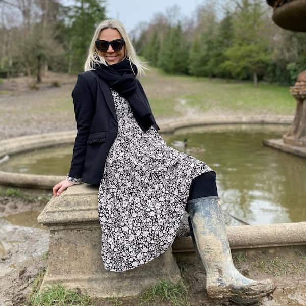 Black Blazer + B&W Flory Gown + Leggings