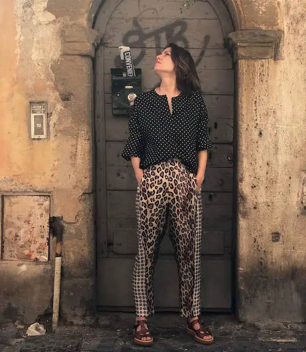 Black Blouse + Animal Print Trouser + Sandals