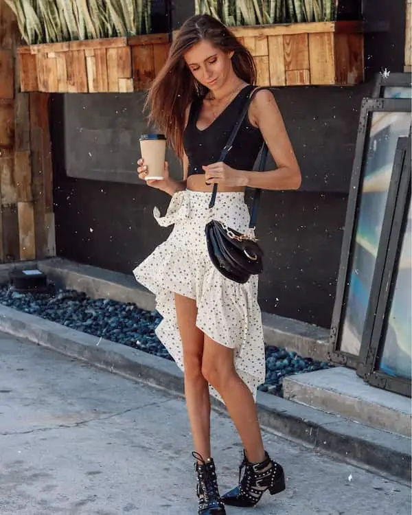 Black Cropped Top + White Skirt with Blue Dots + Heel Shoes