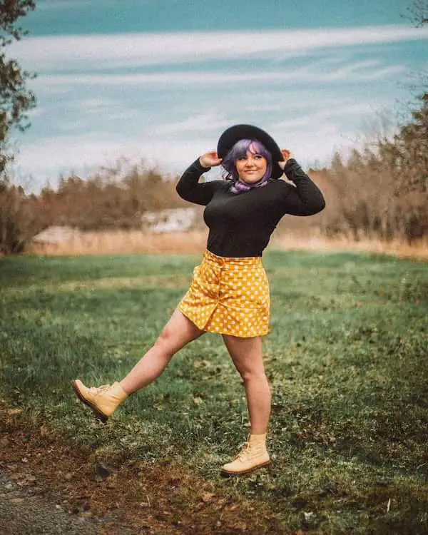 Black Hat + Black Long Sleeve + White Dotted Yellow Min Skirt + Yellow Shoes