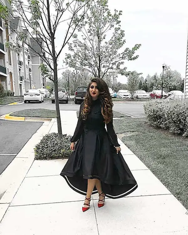 Black Long Sleeve + Black High Low Skirt + Red Heels