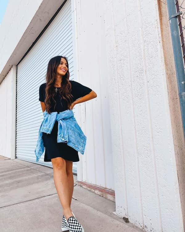 Black T-shirt Dress + Jean Denim Jacket + Flat Shoes