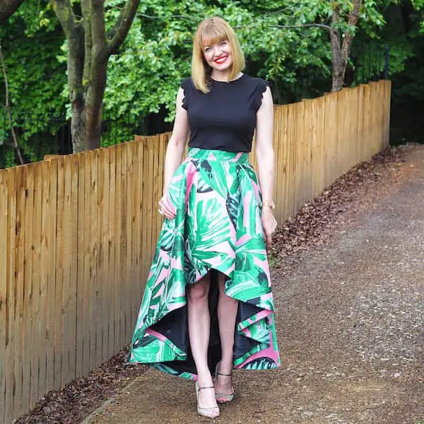 Black Top + Pink on Green High Low Skirt