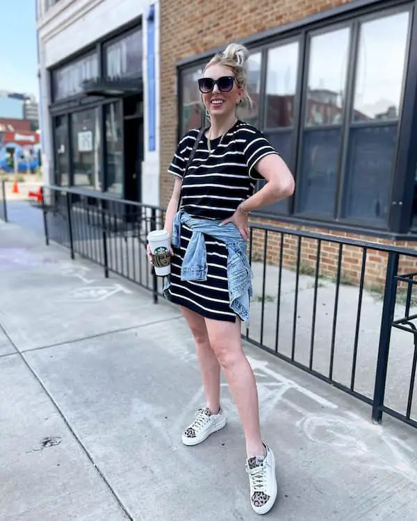 Black and White Stripped T shirt Dress + Jean Jacket + Converse Shoe