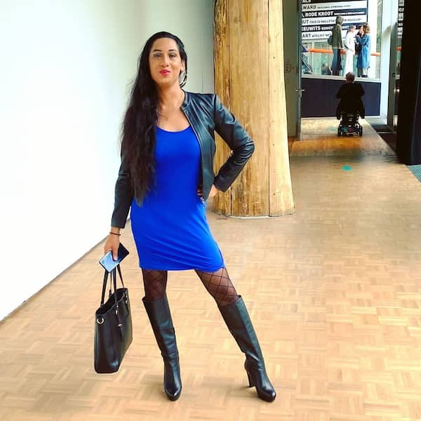 Blue Gown Dress + Jacket + Ankle Length Boots + Handbag