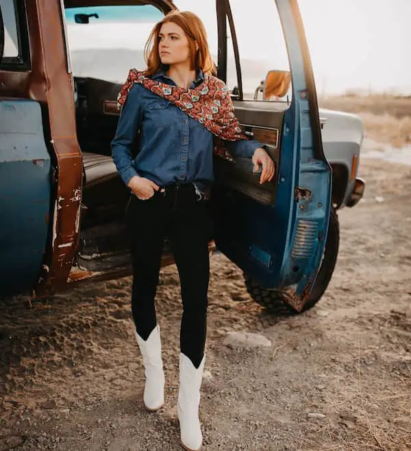  Blue Jean Long Sleeve + Black Trouser + Scarf + Boots