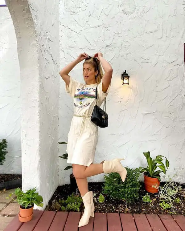 Creamy T-shirt Dress + Heel Boot + Handbag