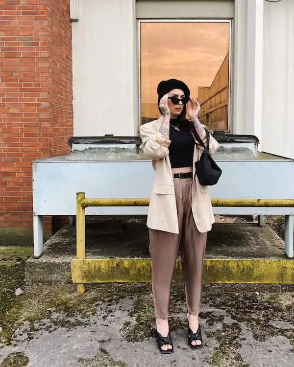 Crop Top + Blazer + Pants + Heels + Beret + Sunglass + Handbag