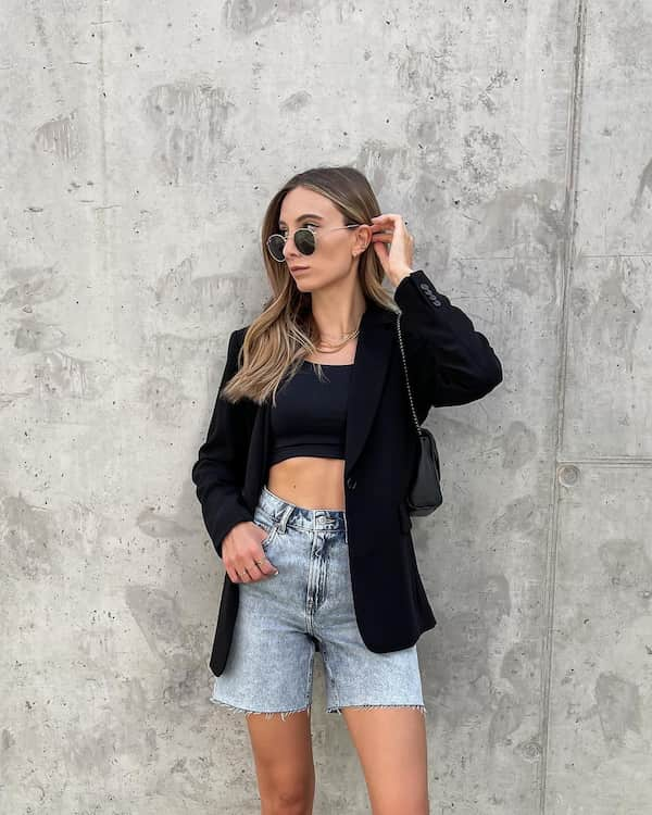 Crop Top + Jean Bum Shorts + Black Blazer