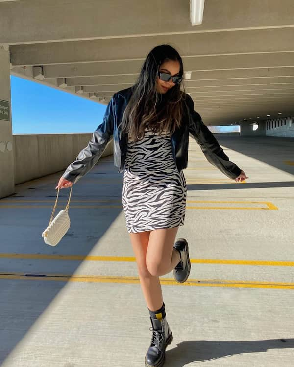 Cropped Leather Blazer + Zoey Zebra Mini Dress + Boots + Sunglass + Handbag