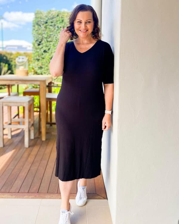 Dark Purple Tee Dress + White Shoes