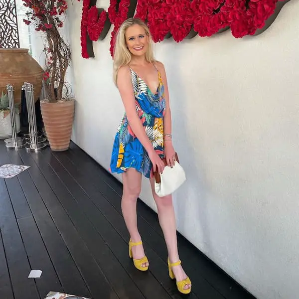 Deep V-Necked Floral Mini Gown + Yellow Heels
