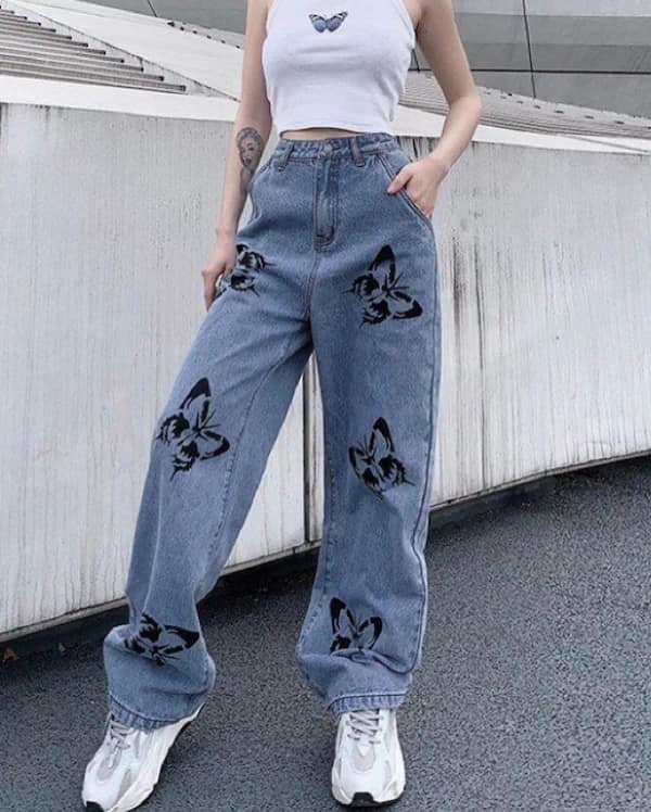 Demin Blue Baggy Jeans + White Butterfly Design Crop Top