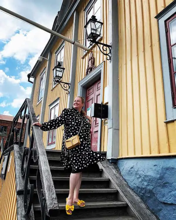 Dotted White and Black Long Sleeve Dress + Love Styled Yellow Slippers