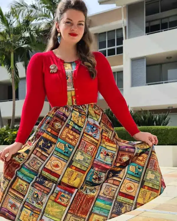 Fairytale Mini Dress Paired with a Red Cardigan