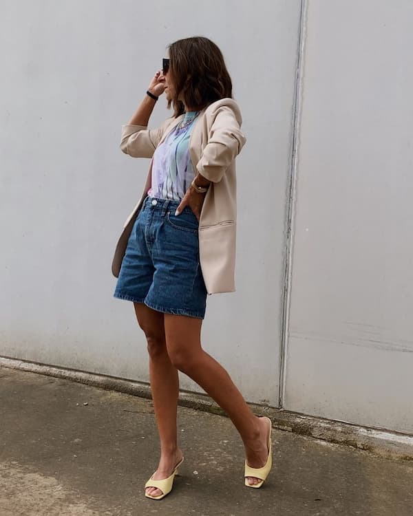 Floral Inner + Jean Short + Blazer + Yellow Heel