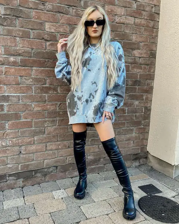 Floral Jumper Dress + Leather Boots + Sunglass