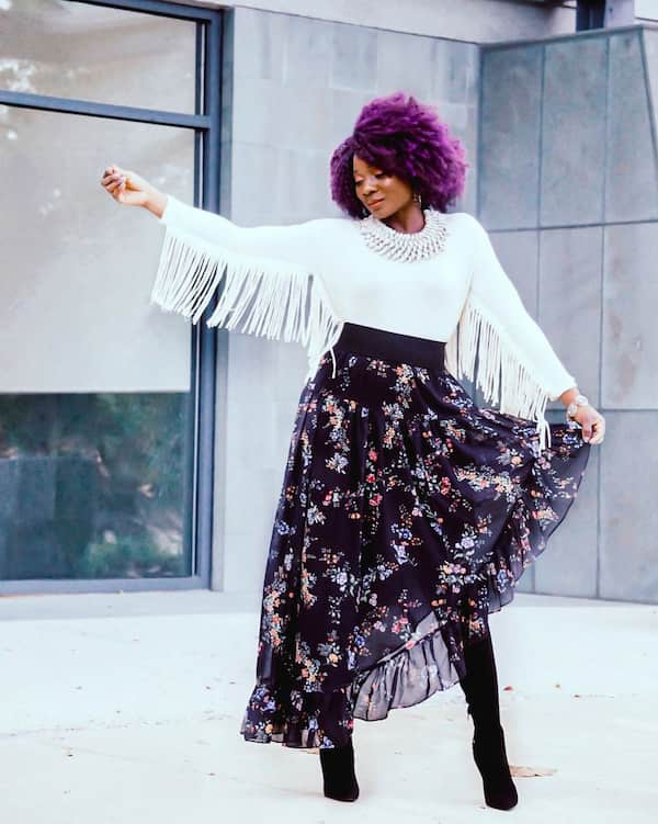 Fringe Sleeve Top + Full Floral Skirt + Boots