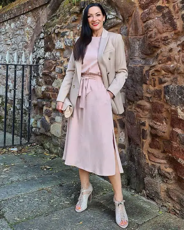 Gray Blazer + Peach Gown + Pump + Purse