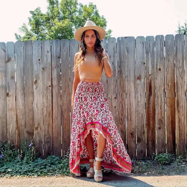 Handless Crop Top + Floral High Low Skirt + Hat