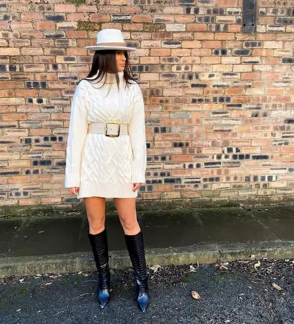 Hat + Jumper Dress + Belt + Black Boots