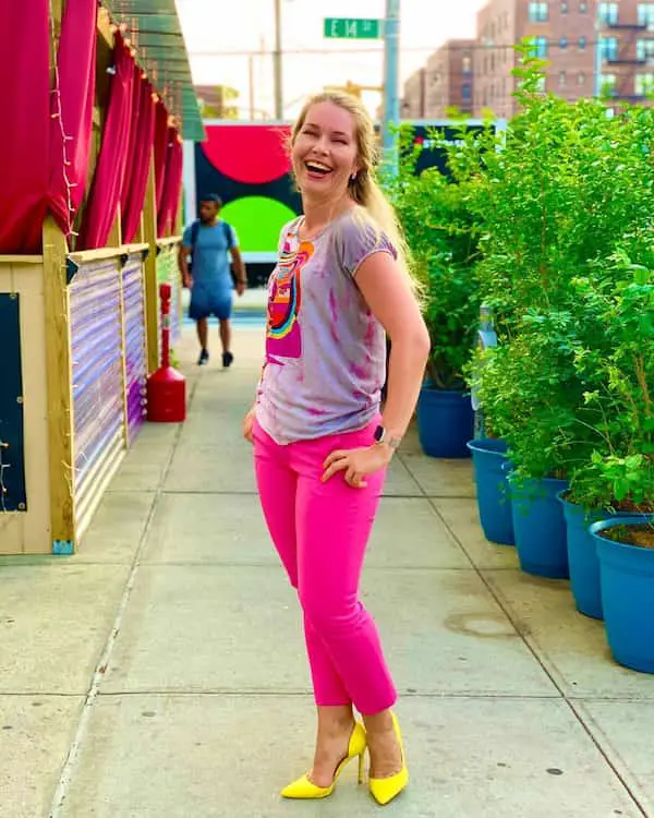 Inscribed Pink Top + Pink Pants + Yellow Heels