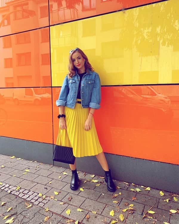 Jean Jacket +Print Yellow Skirt + Boots