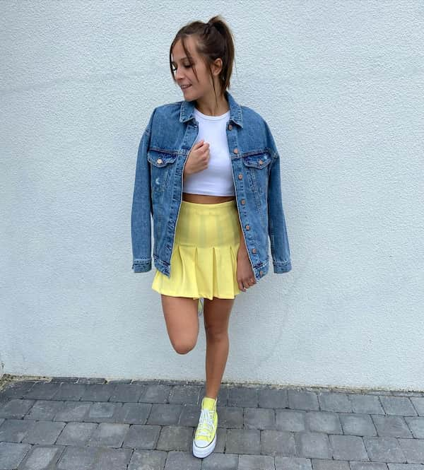 Jean Jacket + White Inner + High Waisted Mini Skirt + White Yellow Shoe