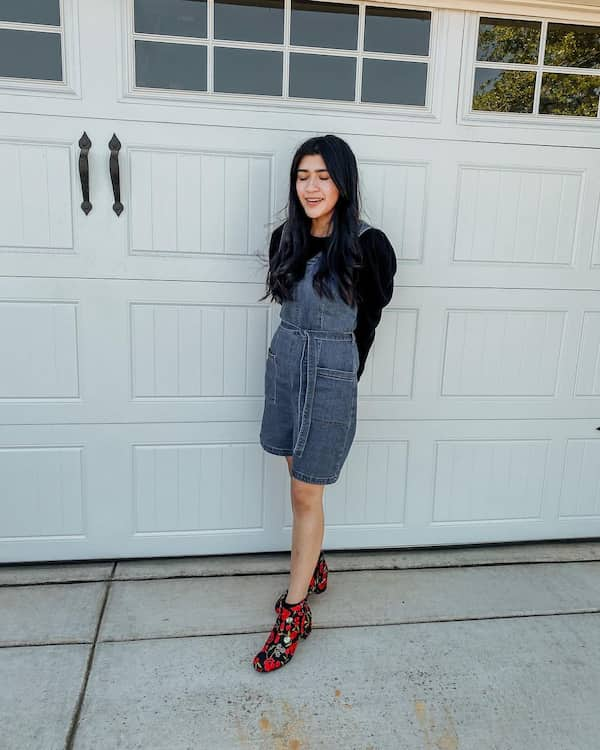 Jean Jumper Dress + Black Blouse + Embroide Red Heel Shoes