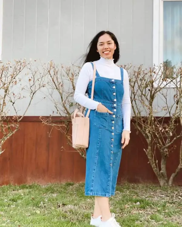 Jean Jumper Dress + Turtle Necked White Long Sleeve