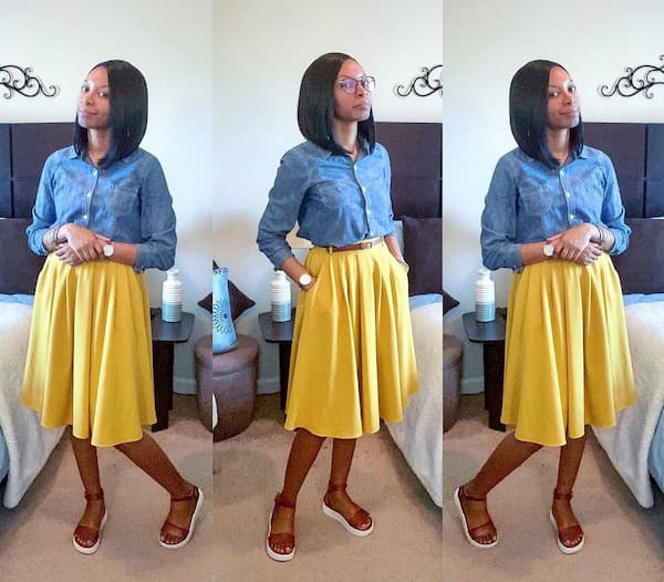 Jean Top + A-Line Deep Yellow Skirt + Sandal Shoe