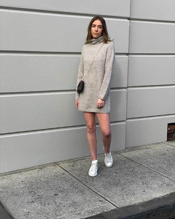 Knitted Brown Turtle Neck Jumper Dress + Sneakers