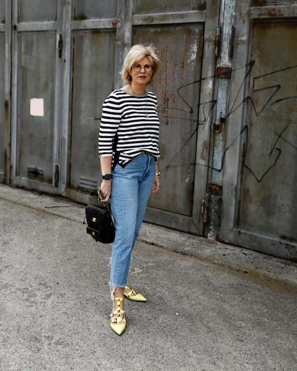 Long Sleeve + Jeans + Yellow Heels