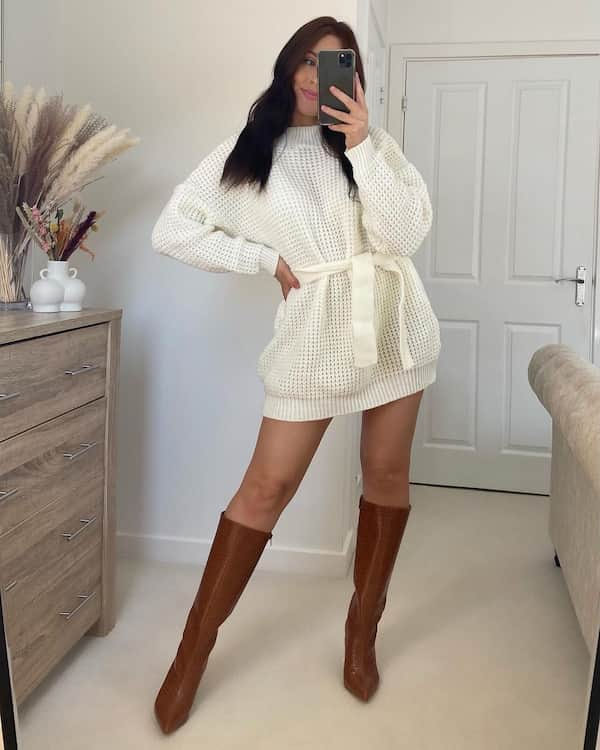 Netural Knitted Jumper Dress + Knee High Boots