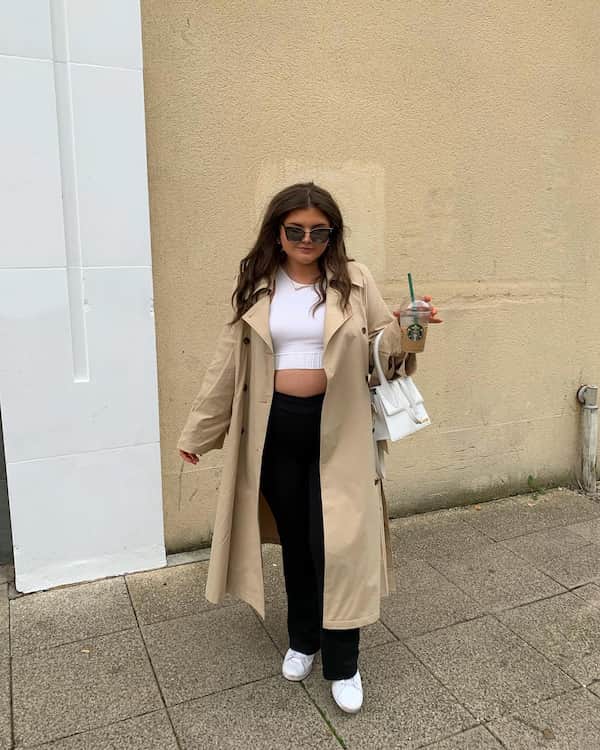 Neutral Coloured Trench Coat + White Crop Top + Pant + Sneakers