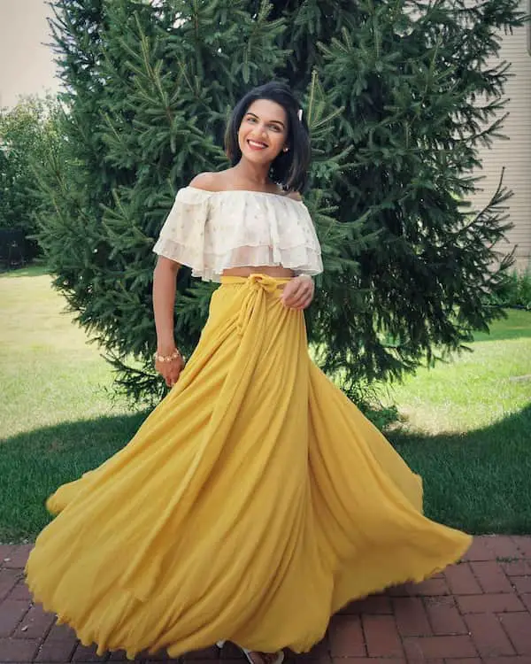 Off-shoulder Floral Crop Top + Yellow Shirt